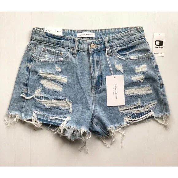 Flying monkey Womens Destruct Denim High Rise Frayed Hem Shorts Size 25, 27 - Picture 12 of 12